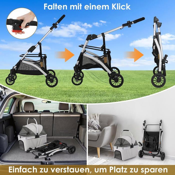 Foldable 3-in-1 Dog Cat Stroller, Pet Stroller with 360° Wheels, Storage Basket, Mesh Window, Cup Holder
