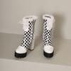 Black White Plaid Ankle Boots Women's with Fur Winter Platform Shoes Mixed Colours Chunky Heels Footwear