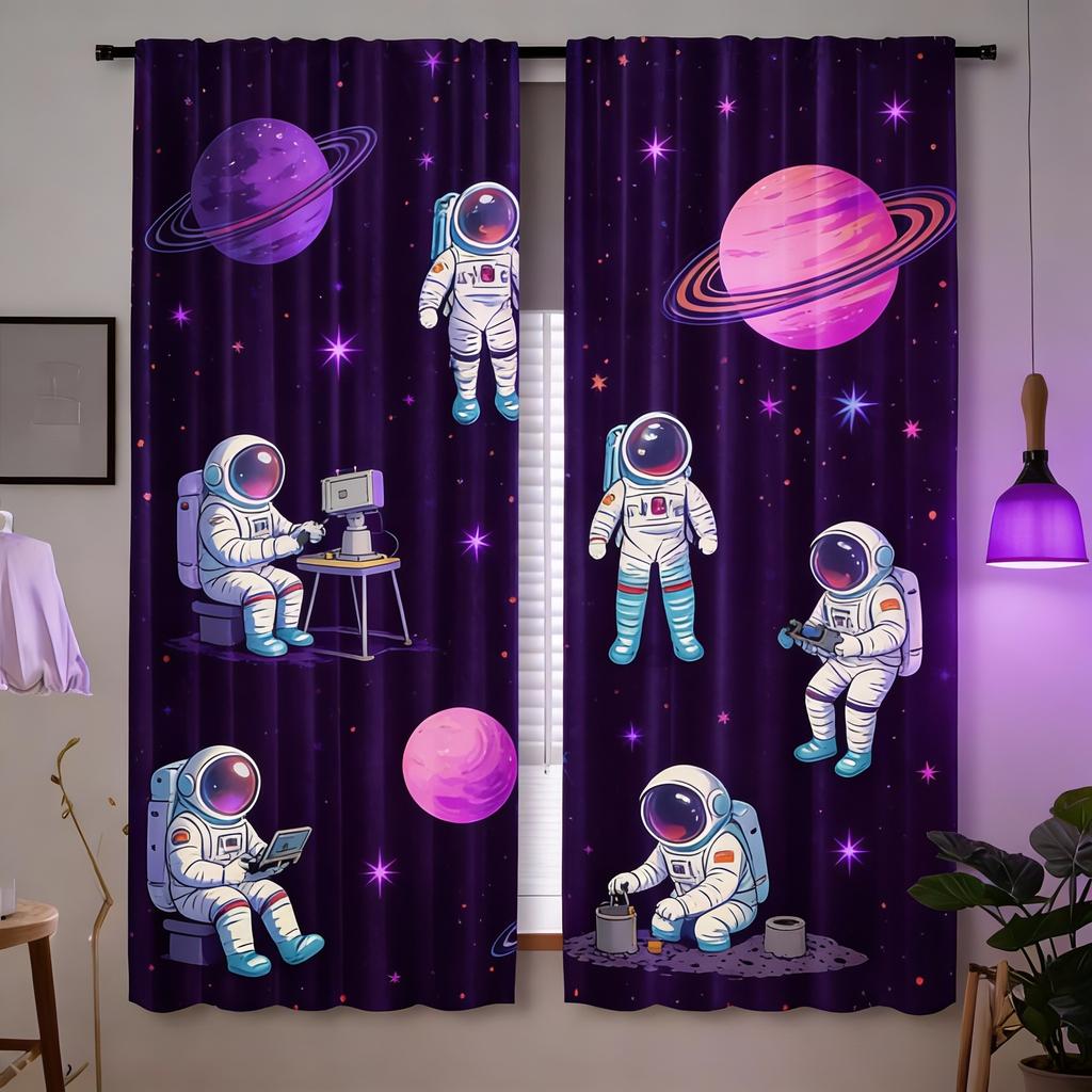 2 ks Závěsy s motivem vesmíru, Kreslený astronaut a téma sluneční soustavy, Modré galaktické okenní závěsy pro ložnici, obývací pokoj, P