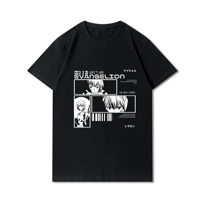 Pánská trička s potiskem Evangelion nadměrných velikostí Bavlněné topy Letní Anime Neformální Černá trička