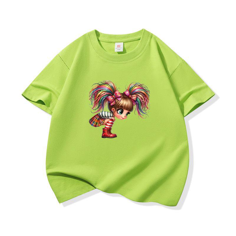 Kids Cotton T Shirt Rainbow Hair Girl Wear Plaid Skirt Print Crew Neck Short Sleeve Tee Casual Boys Girls Summer Tops