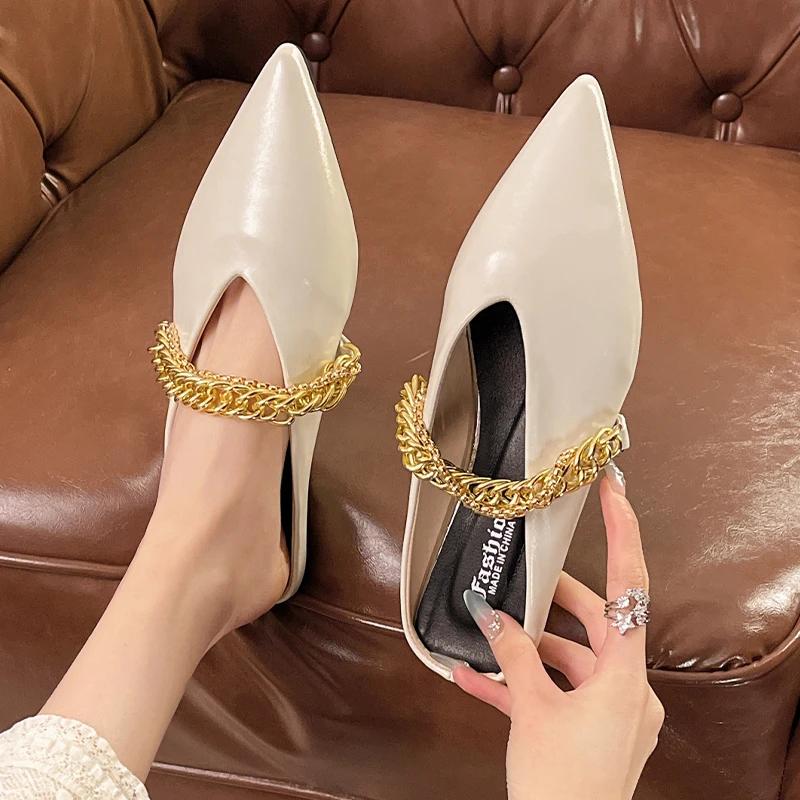 Fashion Pointed Toe Women's Slippers Chain Flats Fashion Mules Shoes Summer Woman 2025 New Designer Sandals Cozy Walking Chaussure Femme