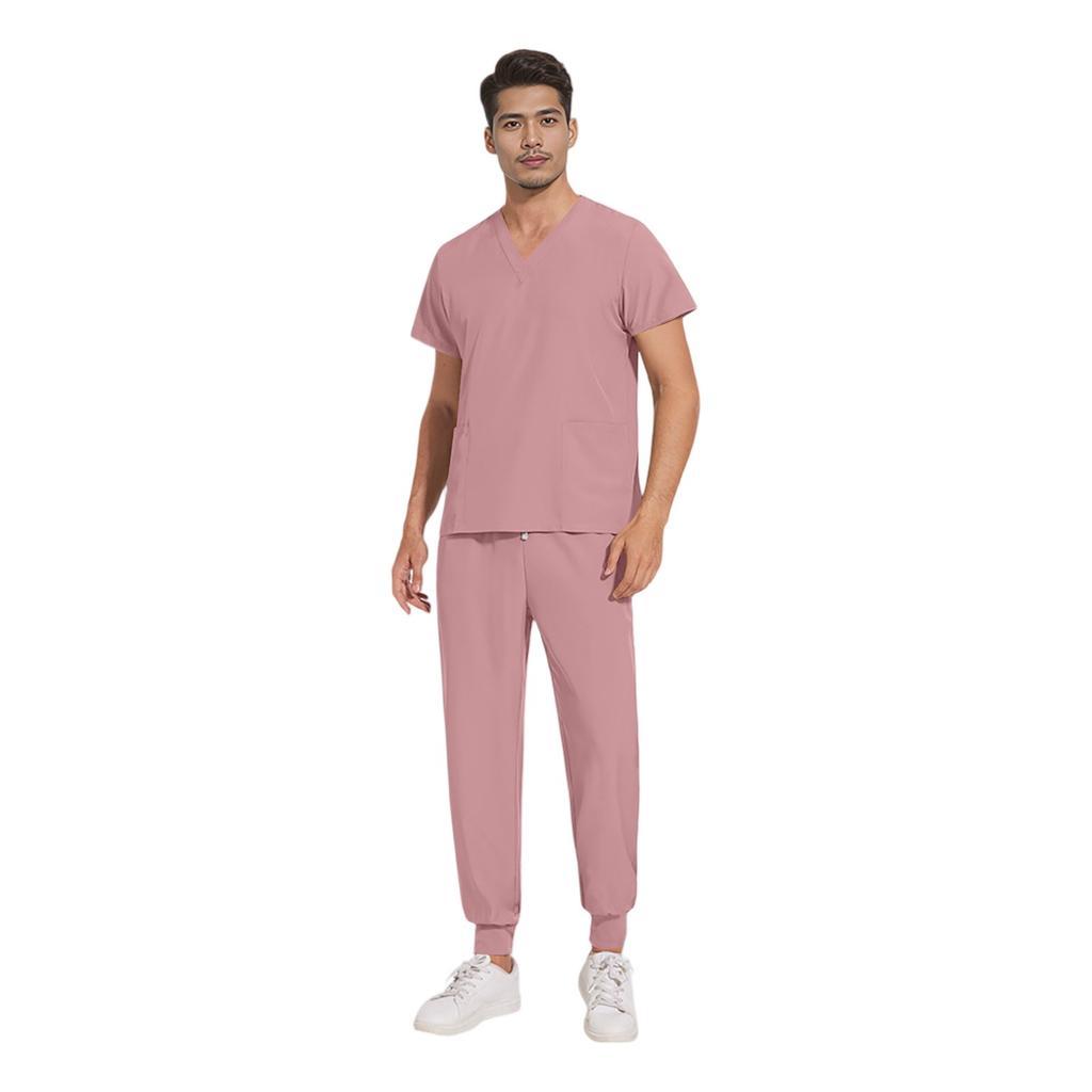 Soild Scrub Working Uniform Suit For Men's Cross V-Neck Short Sleeve Fun T-Shirts Workwear Tee With Pockets