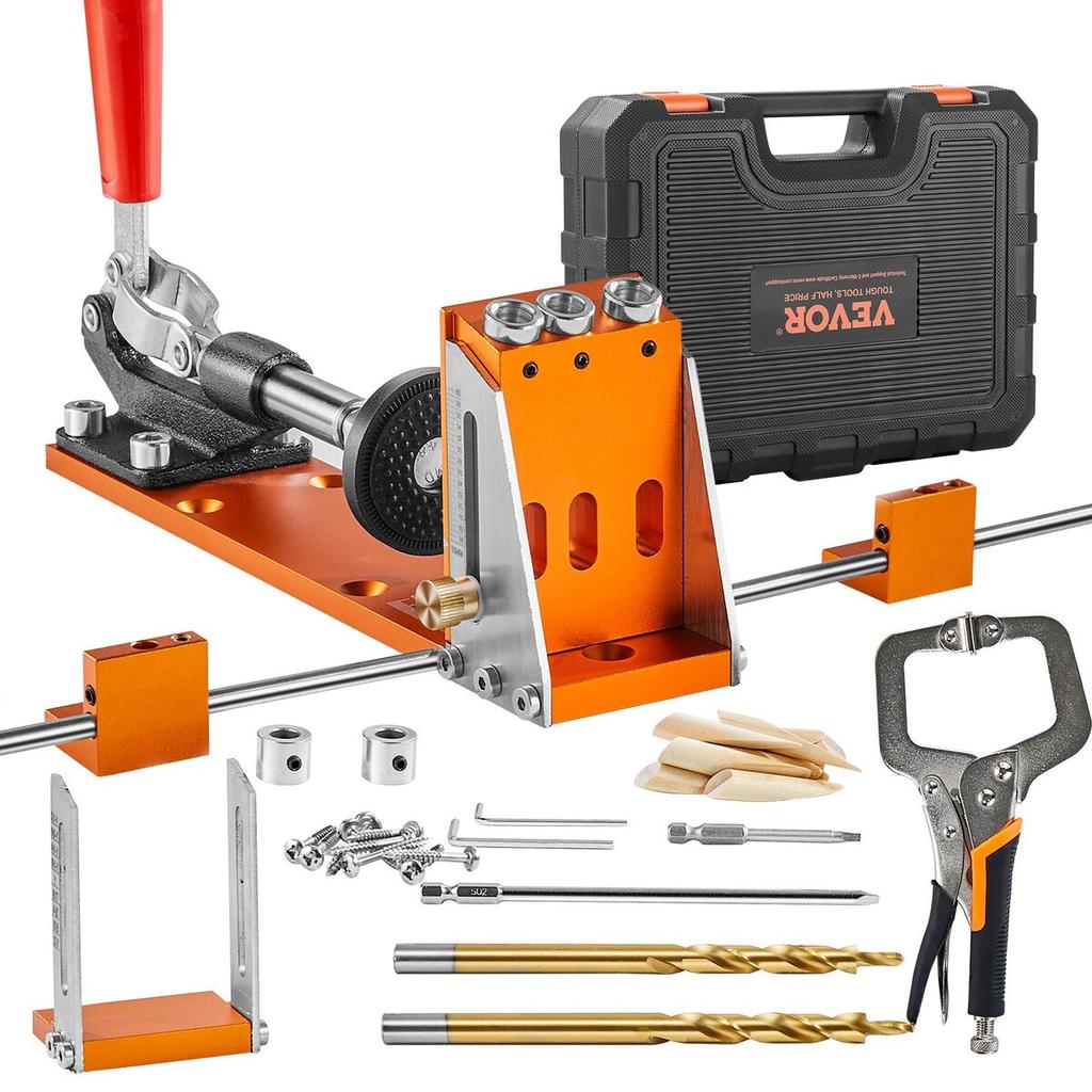 Pocket Hole Jig Kit, 34 Pcs Pocket Hole Jig System with 11" C-clamp, Fixture, Step Drills, Wrenches, Drill Stop Rings, Square Drive Bits, Toolbox, for
