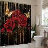 1 Stück Rote Rose und Goldener Schmetterling Polyester Duschvorhang, Mode-Thema, Waschbar, Ganzjahres, mit Haken, für Heimdekoration, Ba