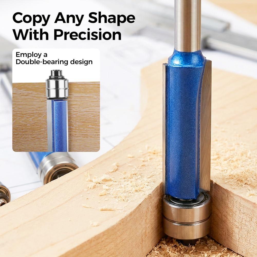 Double Bearing Flush Trim Router Bit Set, 2026 Upgrade Dual Bearing Trimming Tool Set 1/4-Inch New Deburring and Polishing Tool Size Universal (4PCS)