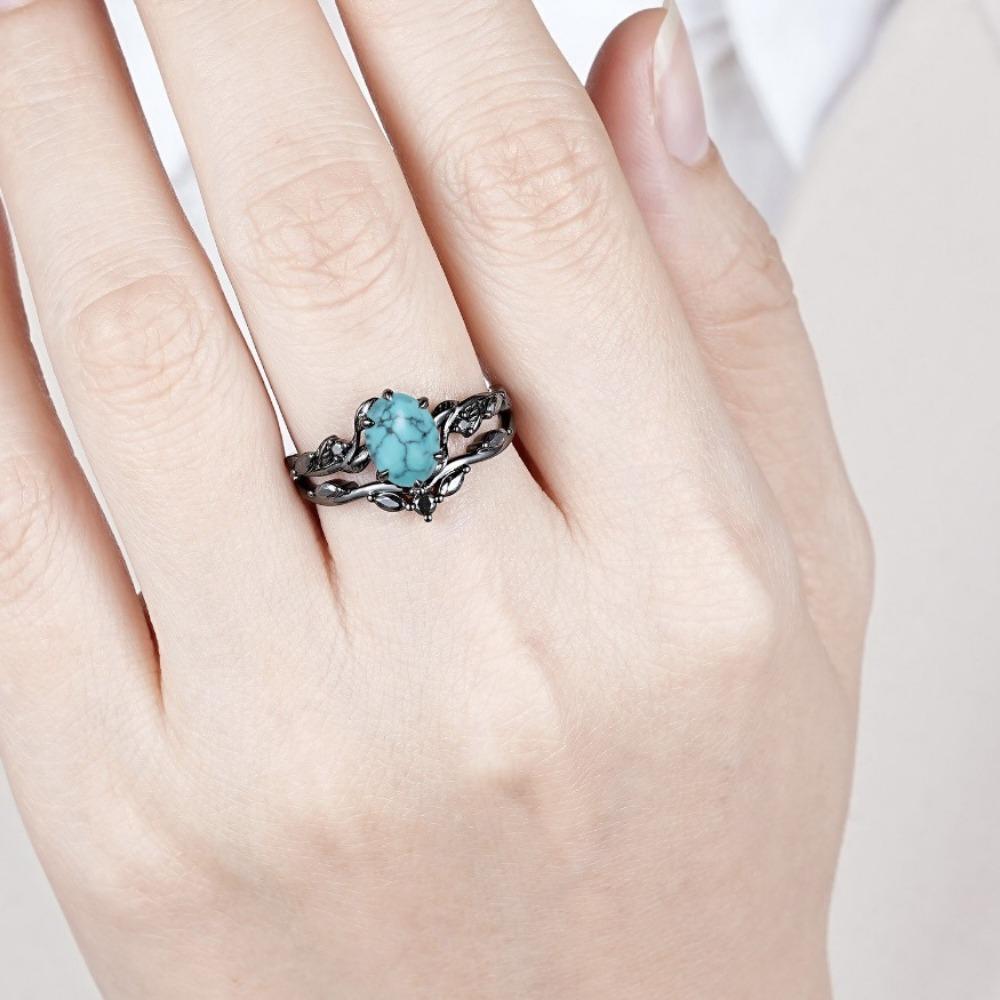 Luxury European and American New RING Alloy Inlaid Turquoise Ring, Electroplated Gun Black Women's Engagement Ring