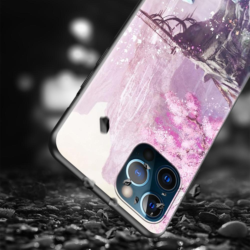 Japanese Anime Plum Cherry Blossom Girl Case For Iphone 14 13 11 12 Pro Max Xr 7 8 X 6 6s Plus Xs 5 5s Se Black Soft Phone Cover