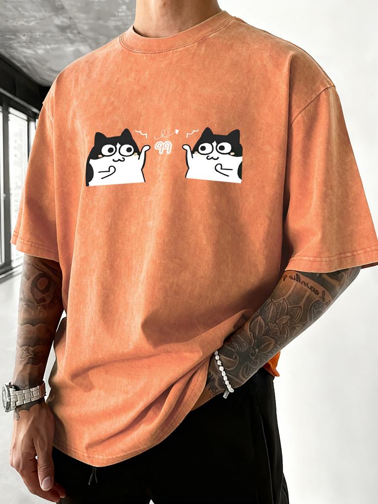 Cute Cartoon Cats Print Men Washed TShirts Cotton Vacation T Shirt Loose Soft Short Sleeves Summer Crewneck Man Streetwear