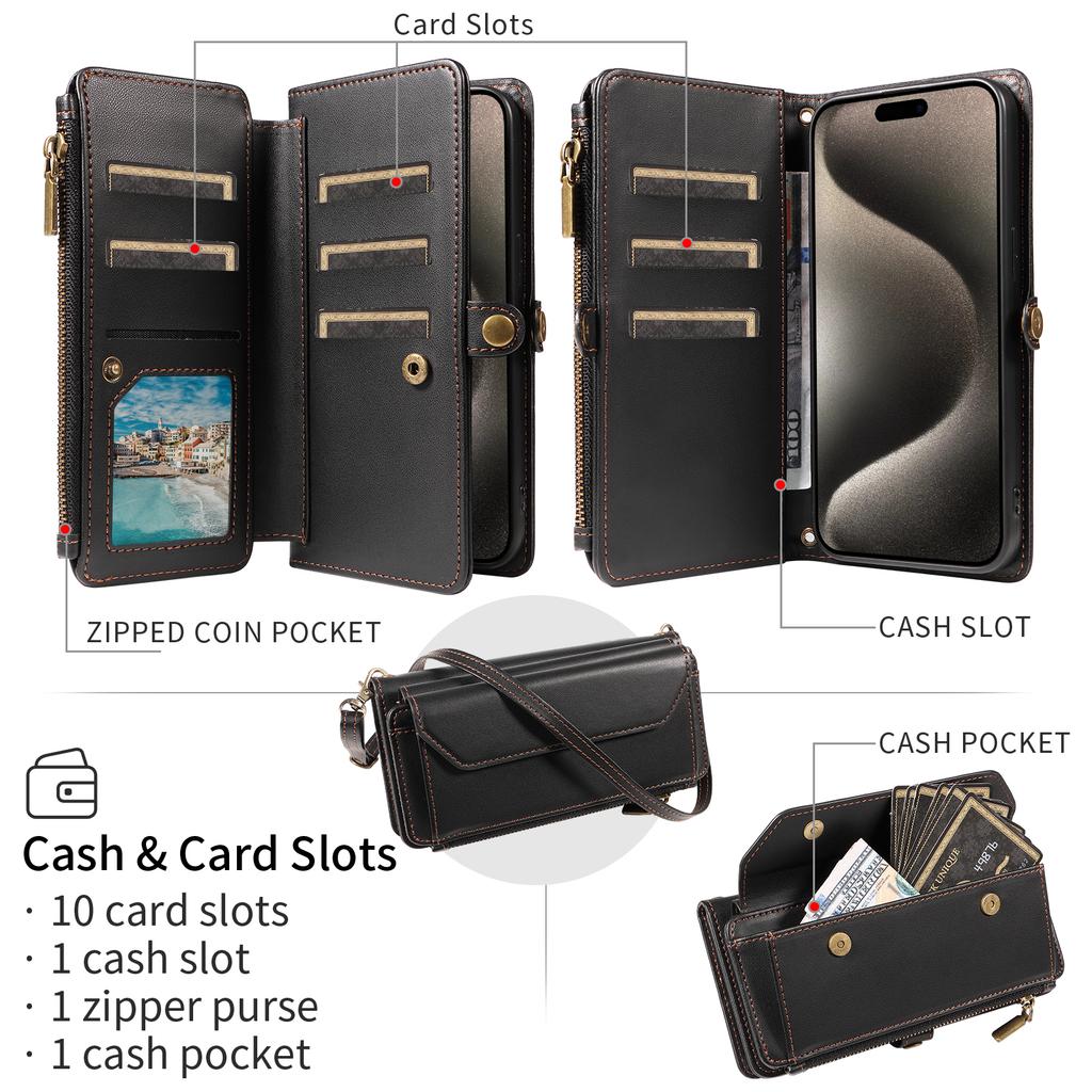 Multi-Card Slot Wallet-Style Phone Case (Long Strap + Short Strap) for IPhone 17/16/15/14/13/12/11 Pro Max Protective Set with Coin Pocket