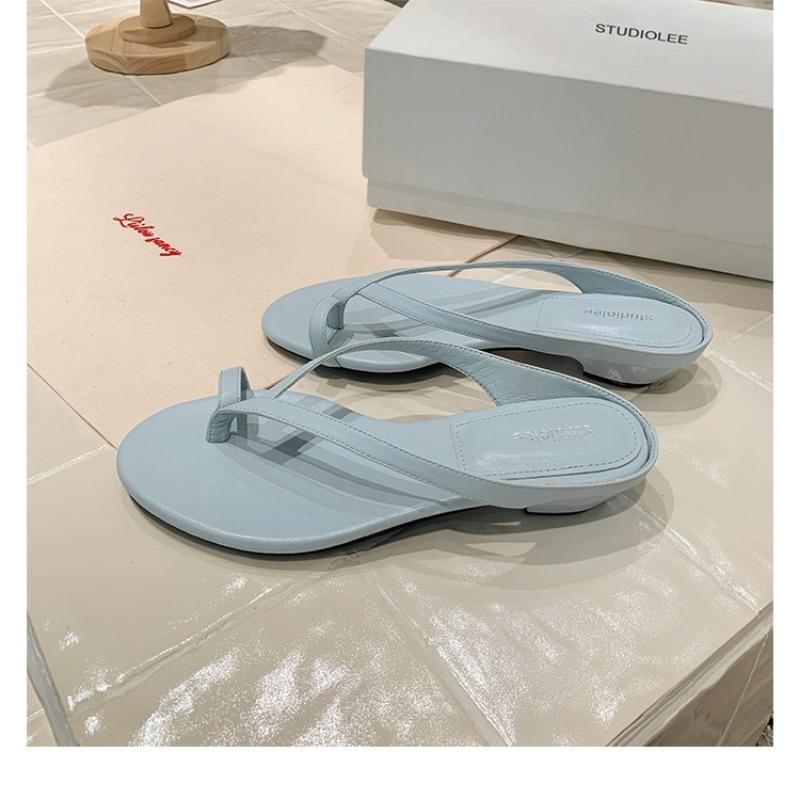 Sheepskin version temperament set toe slippers women's summer wear minimalist thin strap round head thick heel cool slippers