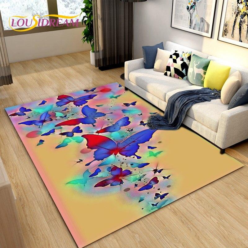 3D barevný koberec Butterfly Flower Area,Koberec do obývacího pokoje Ložnice Pohovka Yoga,Kuchyně Koupelna Rohožka Protiskluzová podložka na podlahu