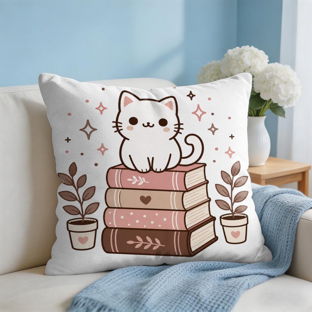 Cushion Cover The Cat on the Book Short Plush Soft DoubleSided Printing Pillow Case Cozy Sofa Bedroom Home Decor Gift