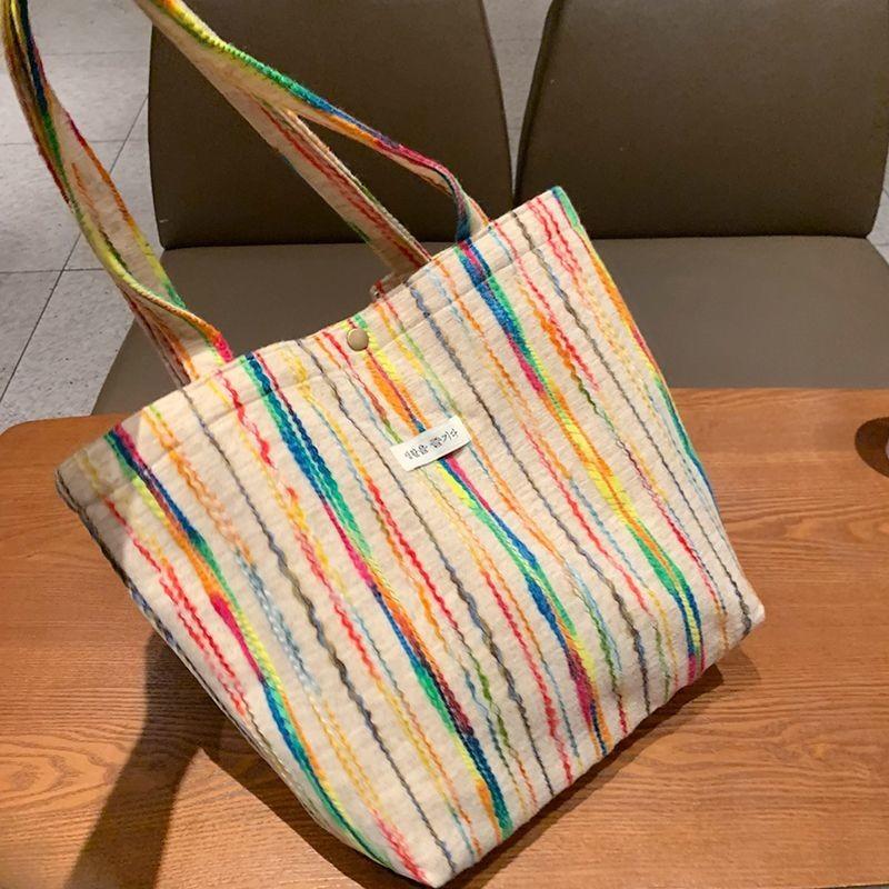Korean Rainbow Stripe Tote Bag Women Canvas Bag Large Capacity Shoulder Bag Ladies Versatile Travel Casual Underarm Bag Chic New