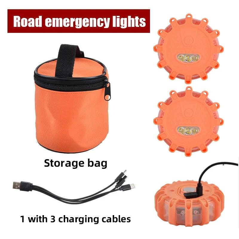 3 Pack LED Road Flares Emergency Warning Lights USB Rechargeable Magnetic Flashing Base Safety Disc for Roadside Assistance