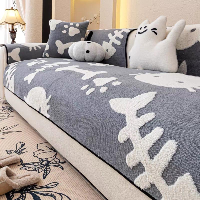 New Autumn And Winter Cartoon Sofa Cover Cloth Anti Cat Scratch And Anti Slip Leather Sofa Cushion Cover One-Piece Straight Row