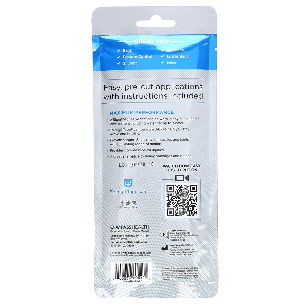 Kinesiology Tape Kit, Back & Neck, 6 Precut Strips