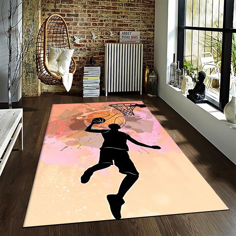 Basketball Player Silhouette Dunk Design Carpet with Hoop Art Style Suitable for use as an anti-slip for living room bedroom sofas
