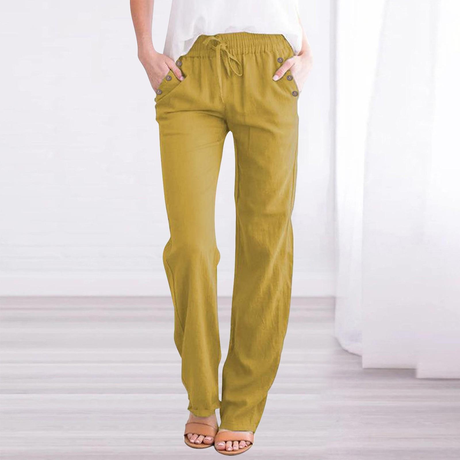 

Женские хлопковые льняные брюки, летние широкие повседневные свободные брюки-палаццо с высокой талией и шнурком, брюки с карманами XL жёлтый