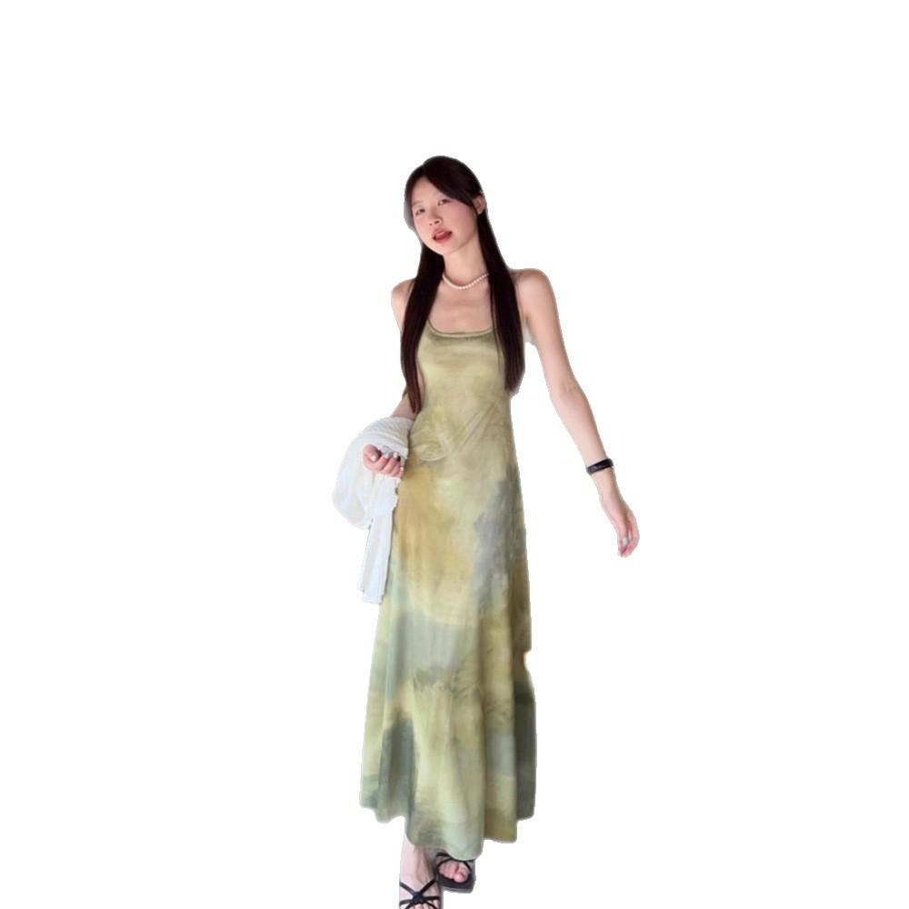 New Chinese style smudged national style suspender dress women's summer green waist beach gauze skirt seaside vacation style long dress