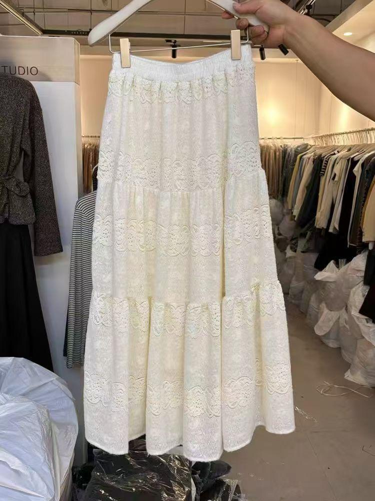 French Lace Embroidered Hollow Midi Skirt - Slim Fit, Spring/Summer Style One Size абрикосовый