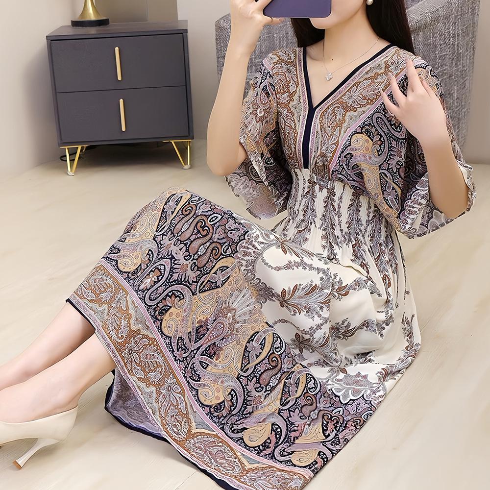 26-Year Floral V-Neck Cotton Silk Batwing Sleeve Beach Dress - Thailand Travel & Vacation Skirt Style