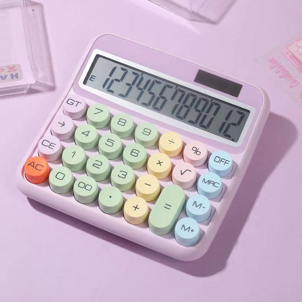Mechanical Calculator 12 Digit Large LCD Display Big Round Button 15 degrees Tilt Screen Cute Candy Colored Dual Power