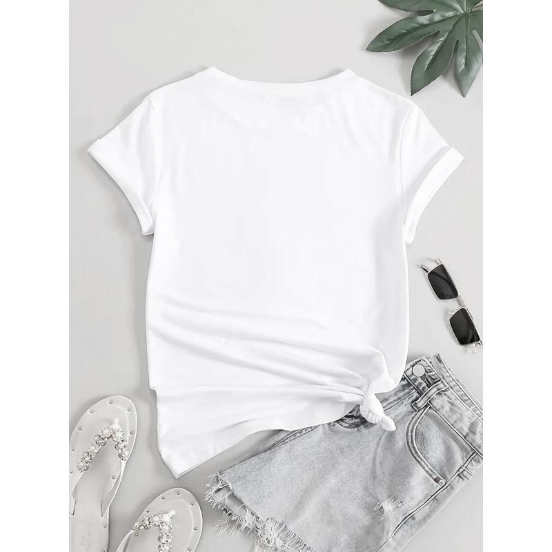 European Size Women'S Casual Crew Neck T-Shirt, Polyester Blend, Medium Stretch, Geometric Devil Horns Print, Short Sleeve Tee for All Seasons