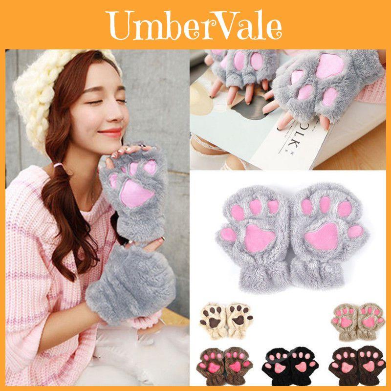 Cute Cat Paw Gloves Winter Warm Touchscreen Half Finger Mittens For Girls