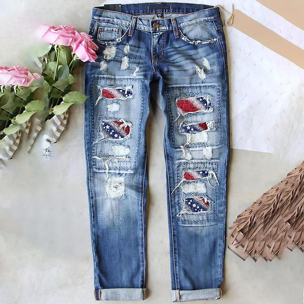 Women's Casual Fashion Printed Ripped Jeans - Trendy Distressed Denim Pants for Comfortable Everyday Wear