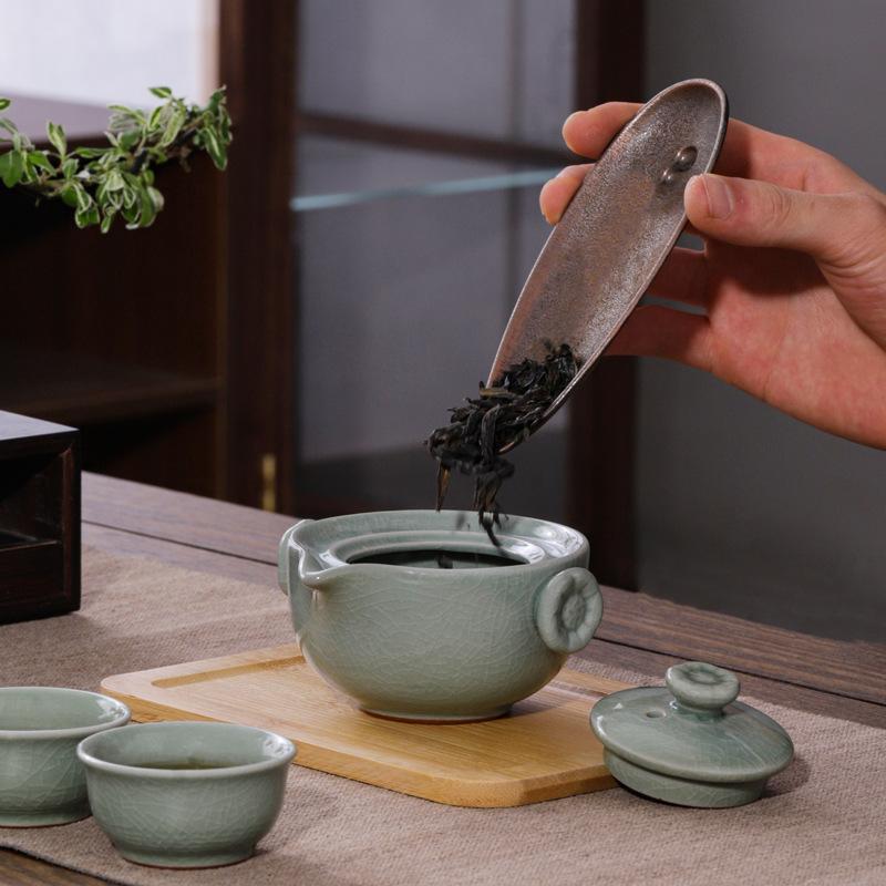 Ceramic Travel Tea Set, Kuaike, One Pot of Four Cups with Dry Bubble Plate, Outdoor Portable Bag, Business Gift.