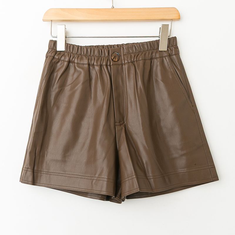 

Spring & Fall Export K-style New Arrival Simple Casual All-Match Elegant Pure Color Elastic Waist Leather Shorts Black L