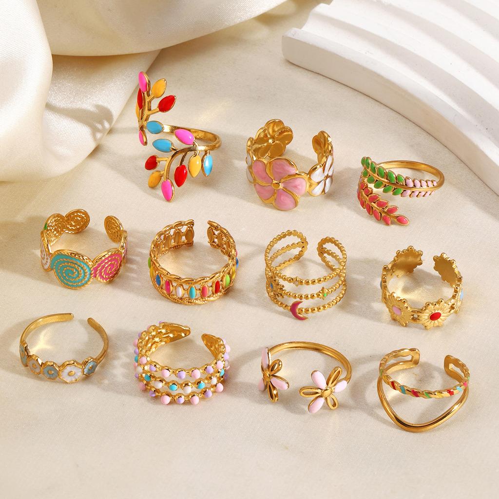 316L Edelstahl Emaillierter Blumenblattring für Damen Farbige Tropfglasur Serie Wasserfeste Ringe Luxuriöser Schmuck Geschenk