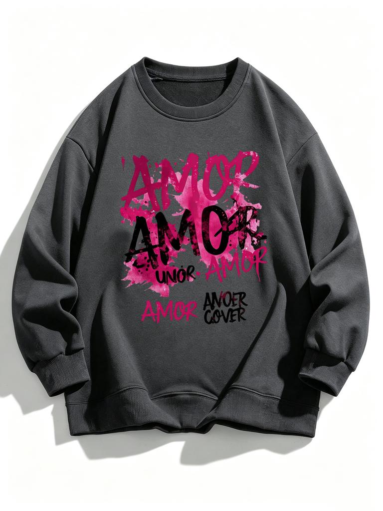 Amor Anoer Cover Printed Woman All-Match Loose Sweatshirt Fleece Casual Pullover Hip Hop Y2K Clothing Autumn Warm Sportswear