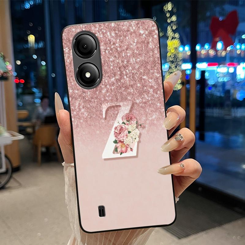 Exclusive Initial Letter With Flower Phone Case For ZTE Blade A33s Soft Silicone Black Case ZTE Blade A33s Anti-scratch Casing