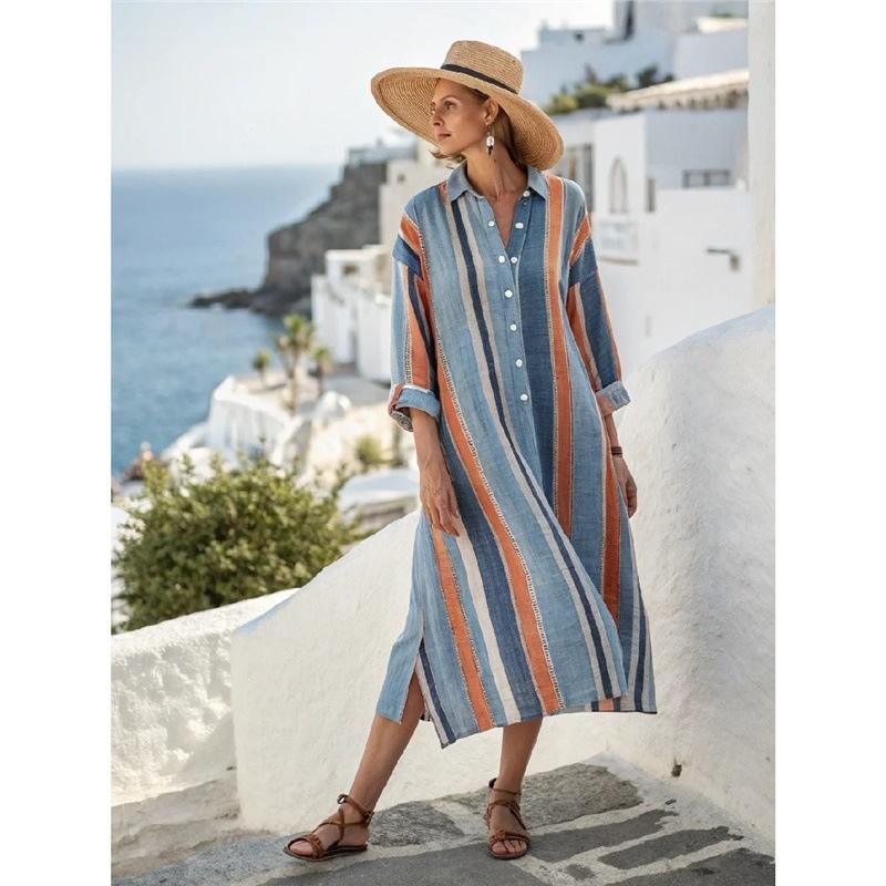Europe and the United States 2026 new casual striped foreign style fashion retro V-neck temperament women s dress S
