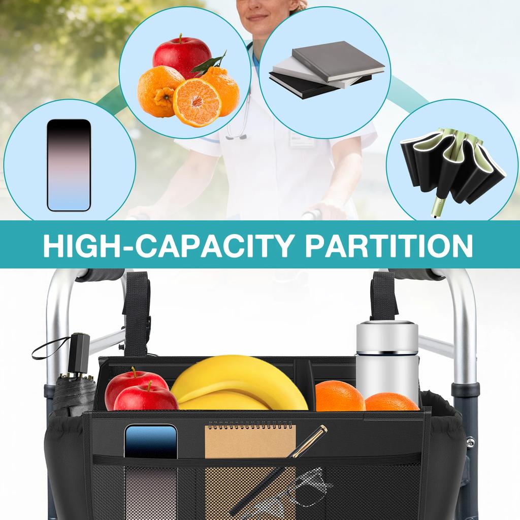 Walker Basket Bag with Water Bottle Pocket Holder Hanging Foldable Walker Storage Tote Bag for Seniors and Handicapped