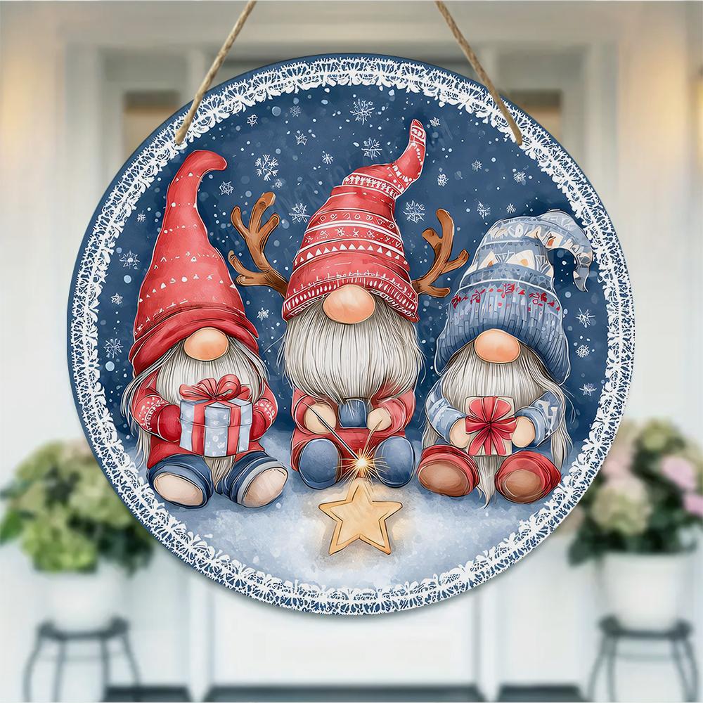 Festive Christmas gnomes pattern Round Wooden Hanging Plaque winter holiday wall art decor farmhouse indoor front door sign home ornament