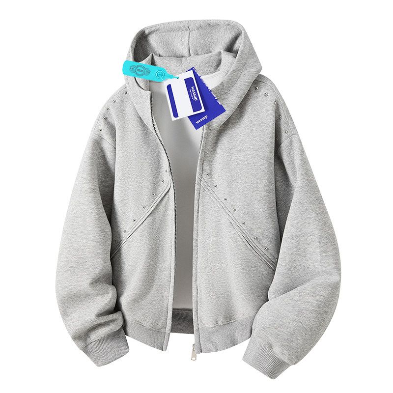

Wassup Chinese-Style Trendy Couple American-Style [Patchwork Studded Zipper Sweatshirt] Loose Couple Hooded Cardigan Jacket for Autumn Gray X L