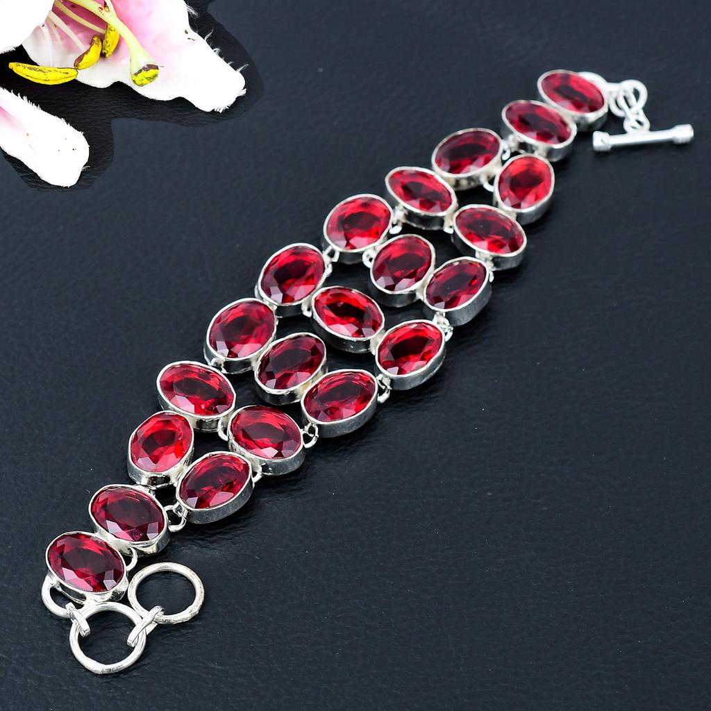 Mozambique Garnet Gemstone Handmade 925 Sterling Silver Bracelet 7-8" KG-380