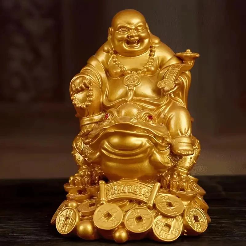 

Feng Shui Laughing Buddha on Money Frog Statue, Lucky Toad Wealth Ornament for Home Office Car Decor, Prosperity Gift золотистий