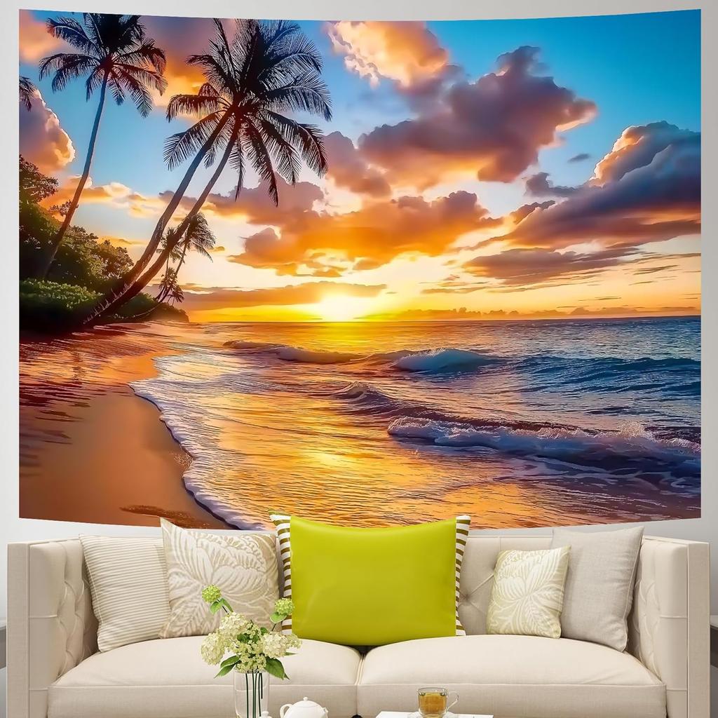 AOHMPT Ocean Sunset Tapestry, Beach Evening Sunset Tapestry, Natural Beach Palm Tree Landscape Poster, Seaside Landscape Wall Hanging for Bedroom,