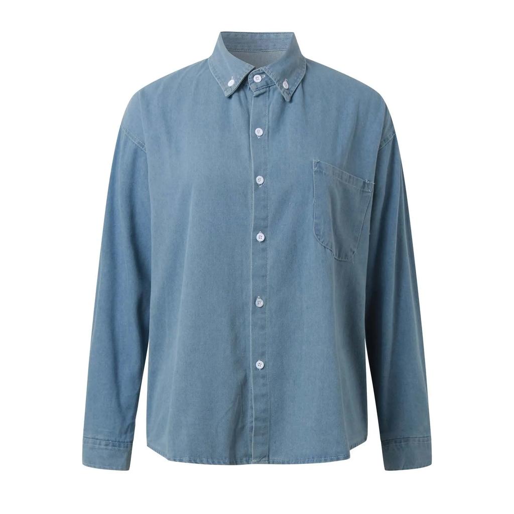 Women Denim Shirts Button Down Blouse Long Sleeve V Neck Casual Tops Comfy Long Shirt for Women