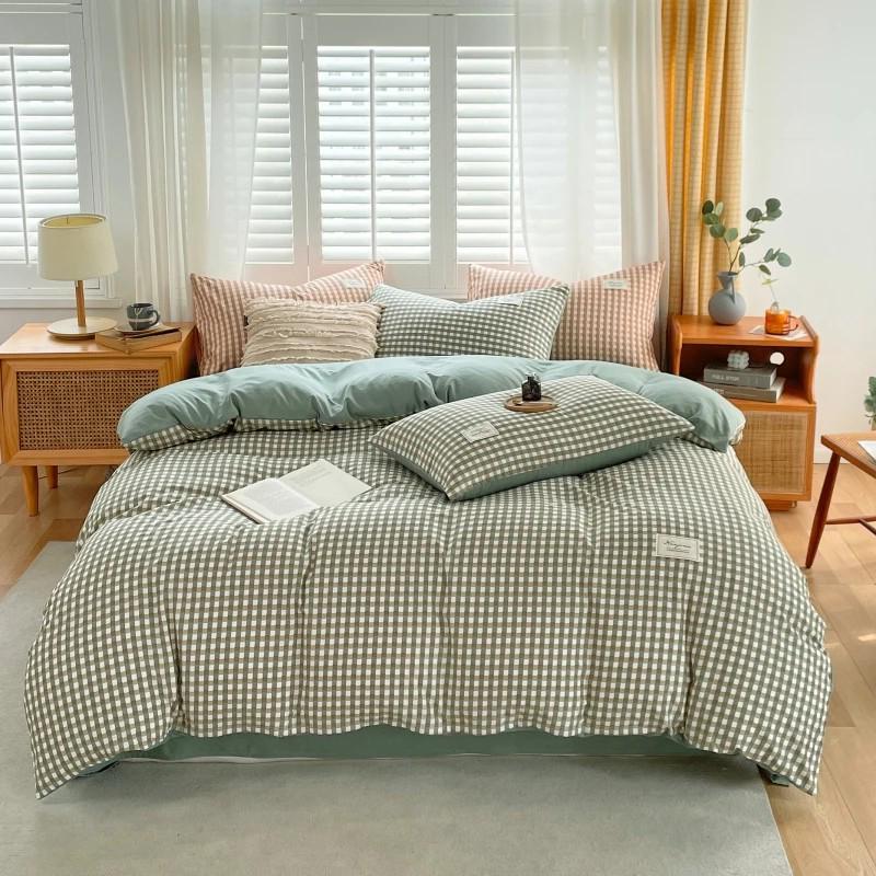Muji-Inspired Plaid Water-Washed Cotton Duvet Cover Set - Minimalist Brushed Four-Piece Bedding Set