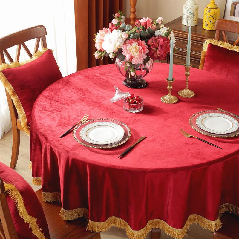 Chinese Style Autumn And Winter Flannel Gold Tassel Red Wedding New Year Festive Round Rectangular Dining Table Cloth Coffee Table