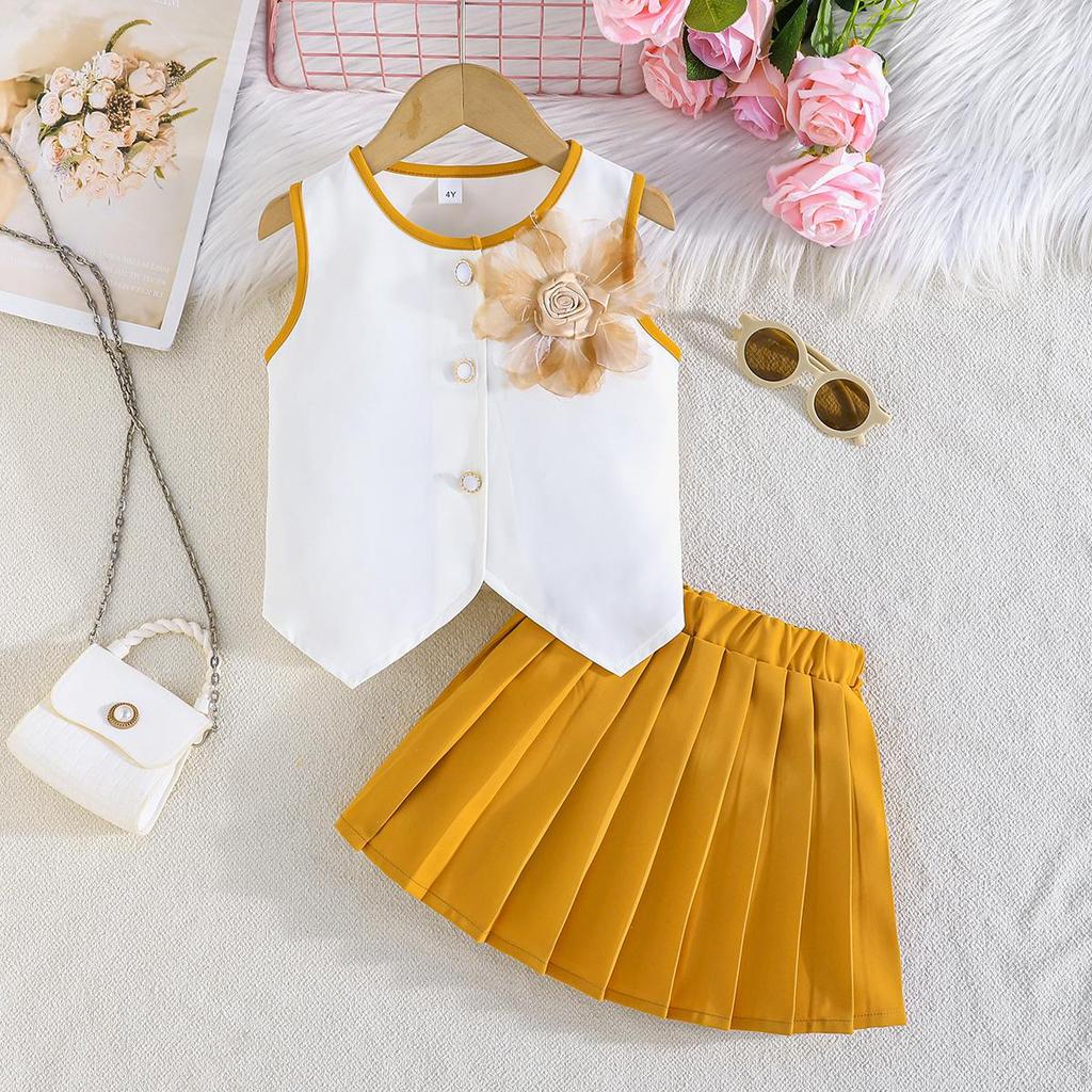 2PCS Girls Floral Applique Sleeveless Vest & Pleated Skirt Set, Casual Summer Two-Piece Outfit