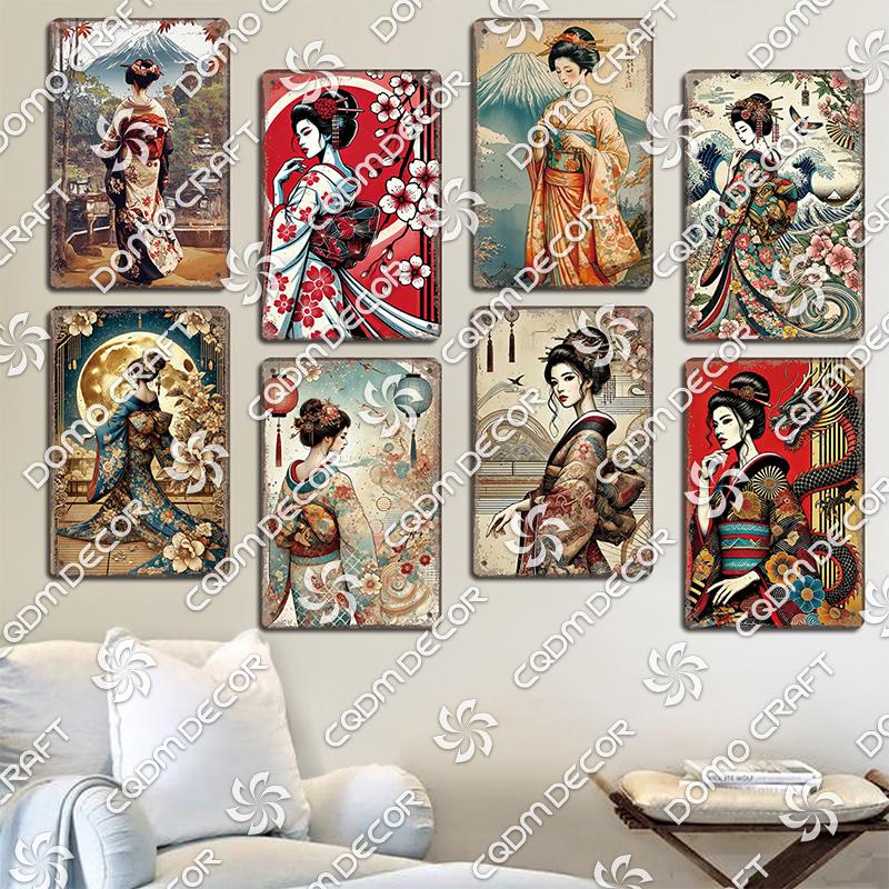 Retro Japanischer Stil Poster Metall Blechschilder Kimono Schönheiten Japanischer Samurai Vintage Metallplatte Wanddeko Club Bar Man Cave