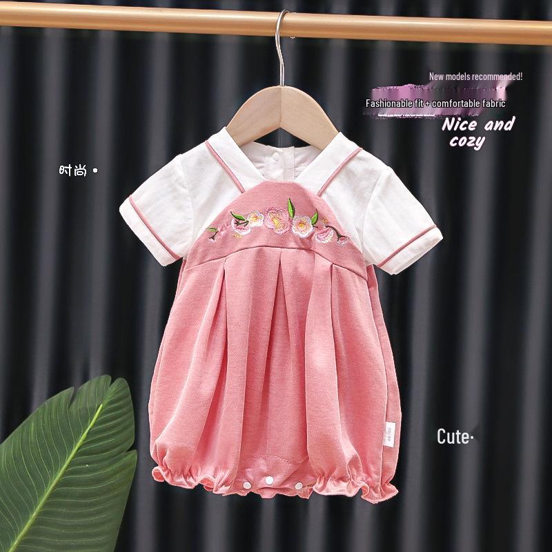 

Newborn Baby Girl Embroidered Hanfu Romper - Cute Chinese Style Short Sleeve Summer Bodysuit for Outings 66cm