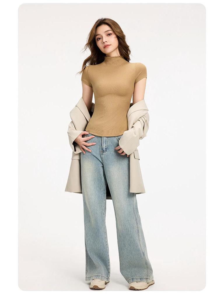 Damen High-Neck Kurzarm Schlankmachendes T-Shirt - Unifarbenes Überziehshirt