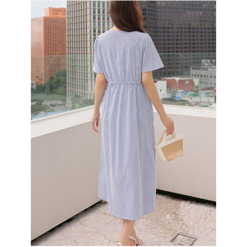 Korean Style Plus size women clothing Fat Sister Summer V-neck Stripe Pullover Front Slit Mid-Length Short sleeve Dress L-4XL